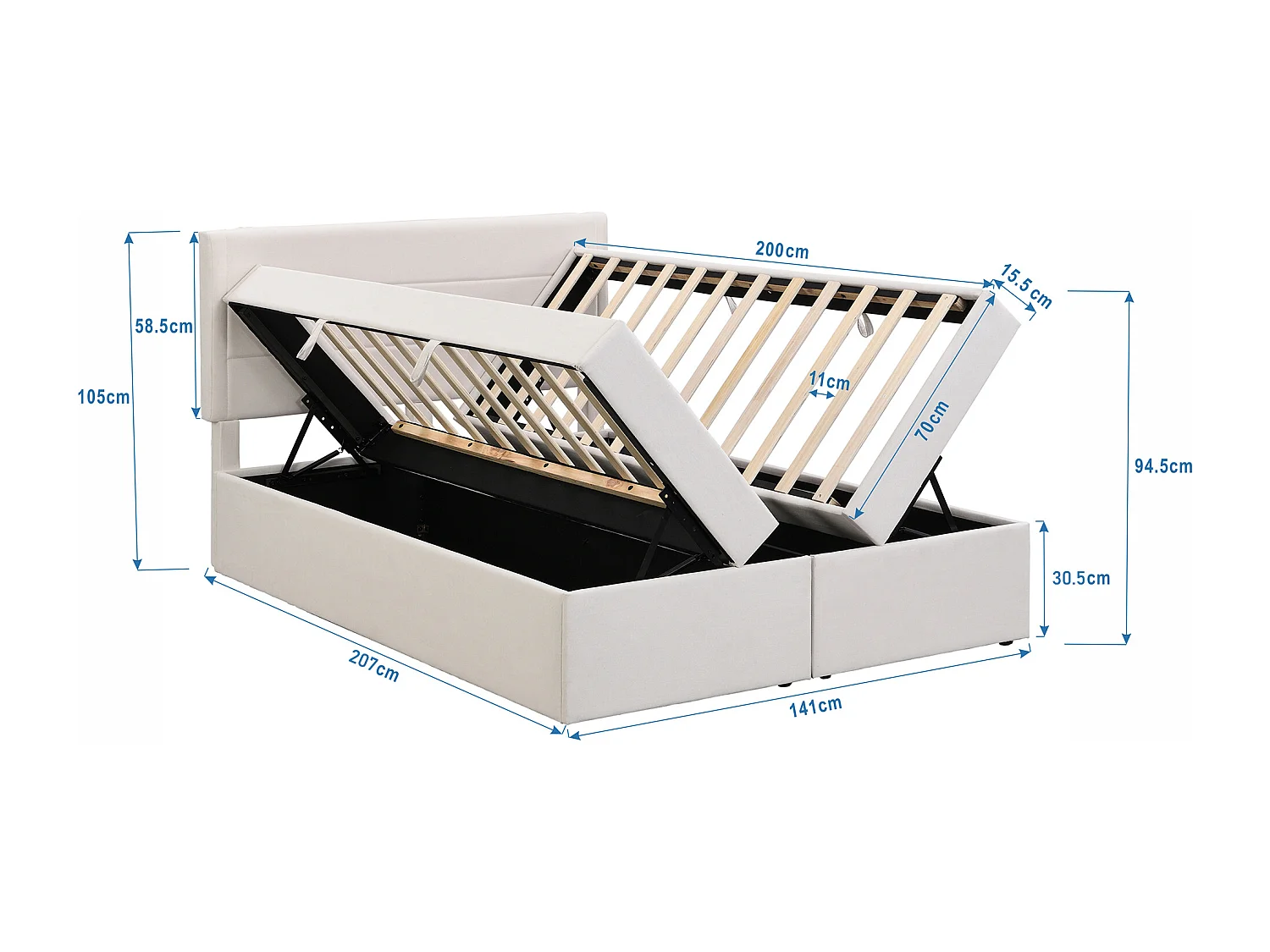 Opbergbed met lattenbodem, 140x200 cm, metalen frame, met veel opbergruimte, beige