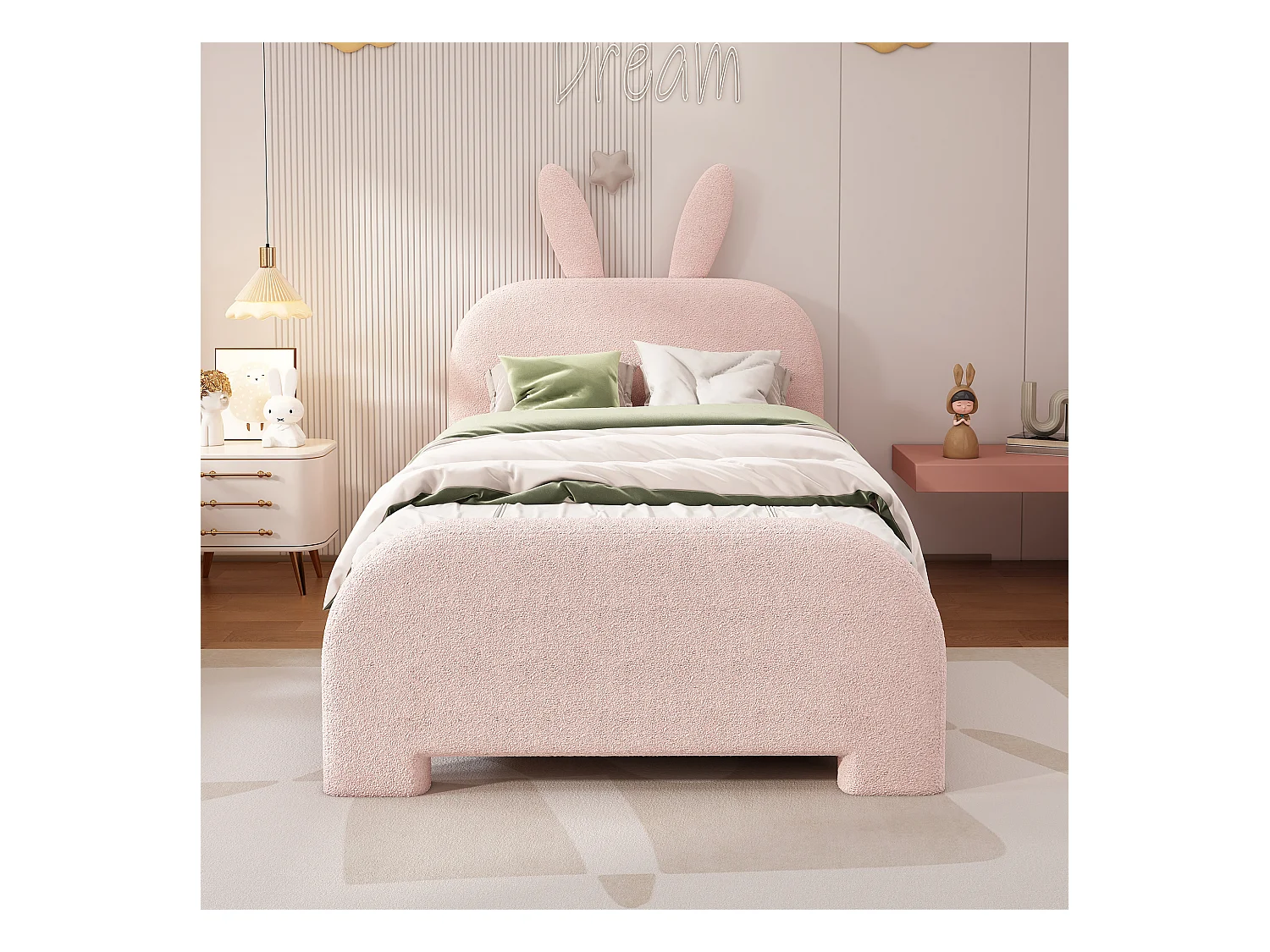 Letto piano 90\200 cm, a forma di coniglio dei cartoni animati, con 2 cassetti, in resistente pelliccia di agnello, peluche, rosa (213x101x116 cm)
