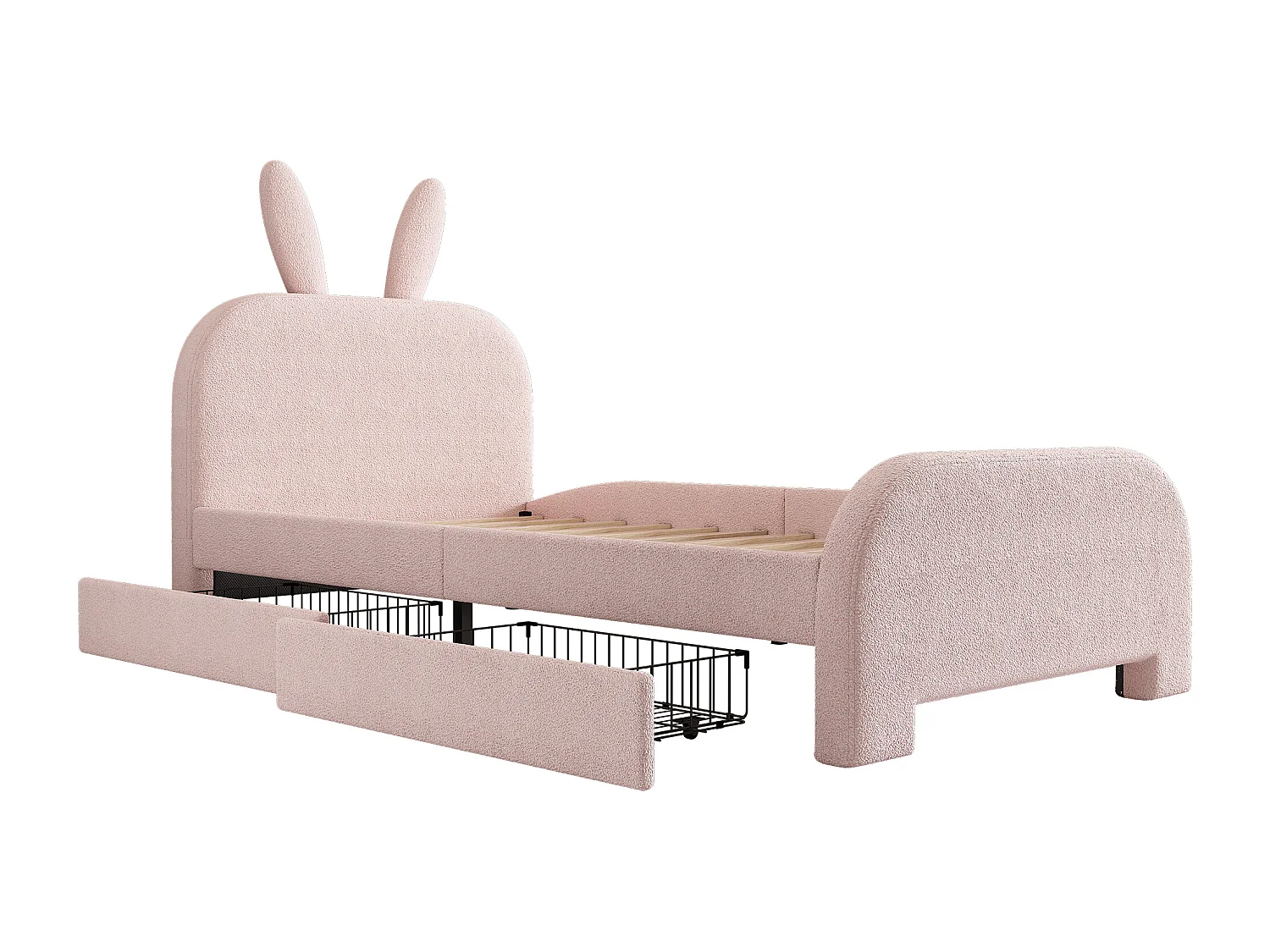 Vlak bed 90\200 cm, cartoon konijnvorm, met 2 lades, duurzaam lamsvel, pluche, roze (213x101x116 cm)