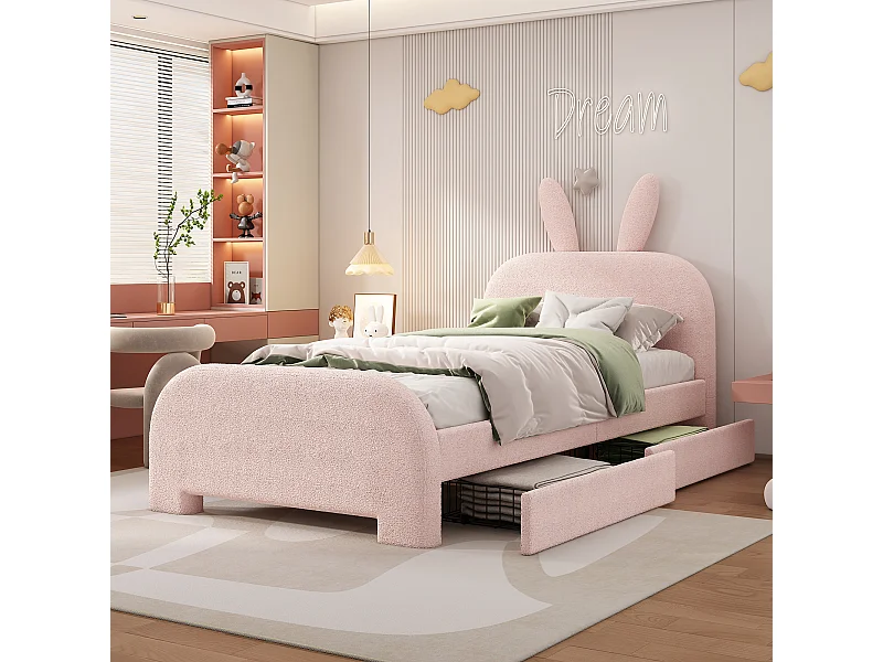 Vlak bed 90\200 cm, cartoon konijnvorm, met 2 lades, duurzaam lamsvel, pluche, roze (213x101x116 cm)