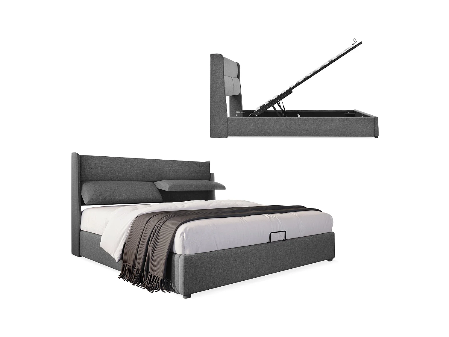 Lit double avec têtes réglables, coffre hydraulique, lin gris (165x217x113 cm)