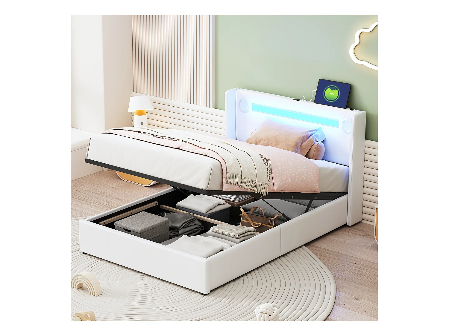 Lit enfant 90x200 cm, LED, lecteur Bluetooth, USB, coffre de rangement en PU cuir, sommier, blanc (212.5x96.5x103 cm)