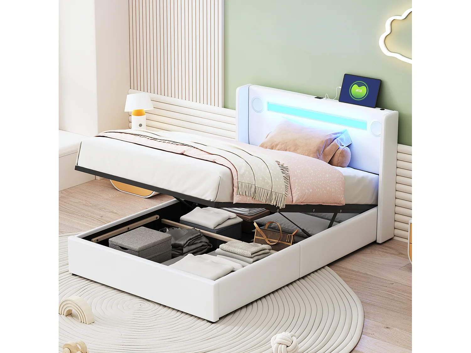 Letto per bambini 90x200 cm, LED, lettore Bluetooth, USB, contenitore in similpelle, rete a doghe, bianco (212,5x96,5x103 cm)