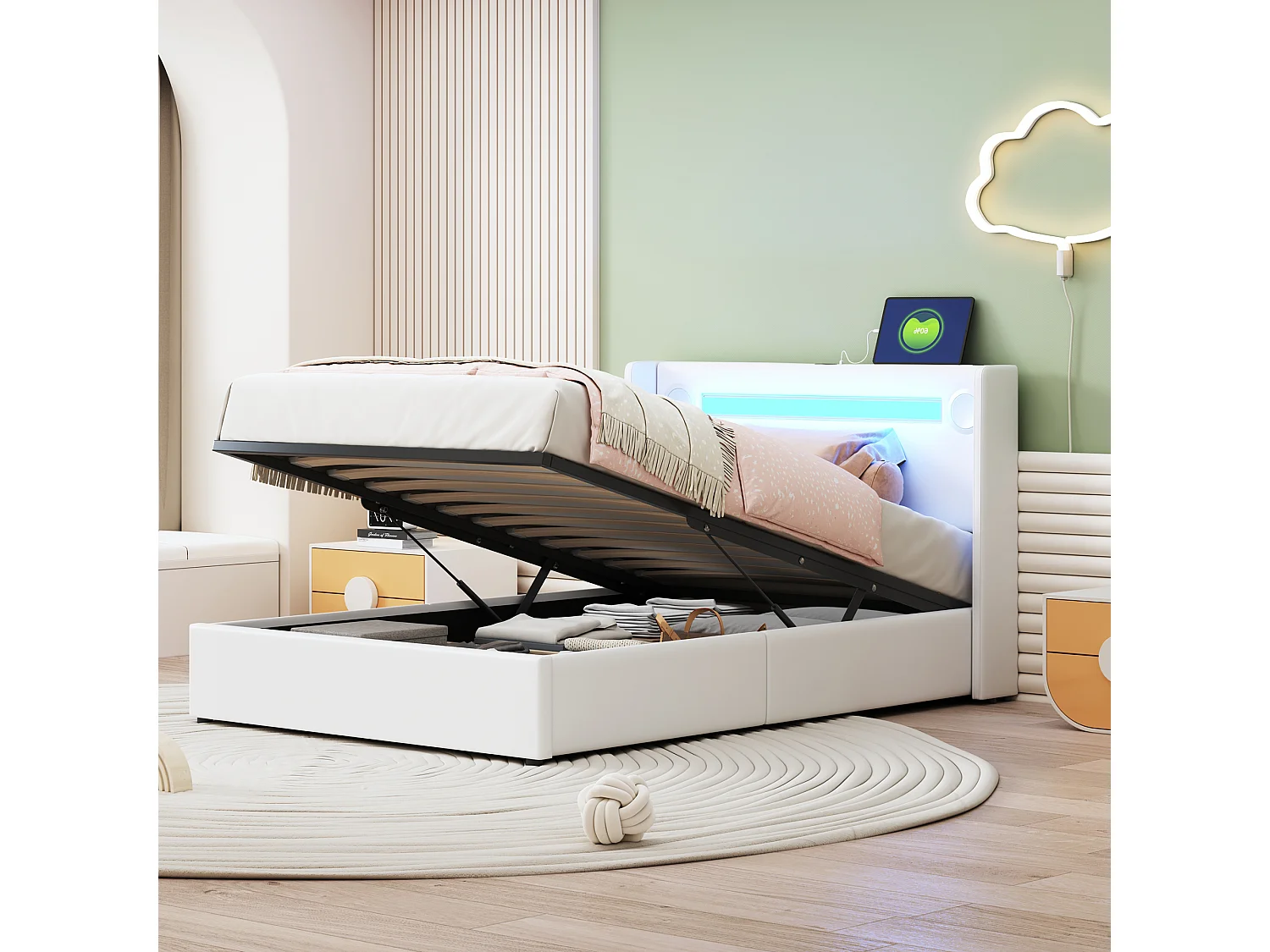 Letto per bambini 90x200 cm, LED, lettore Bluetooth, USB, contenitore in similpelle, rete a doghe, bianco (212,5x96,5x103 cm)