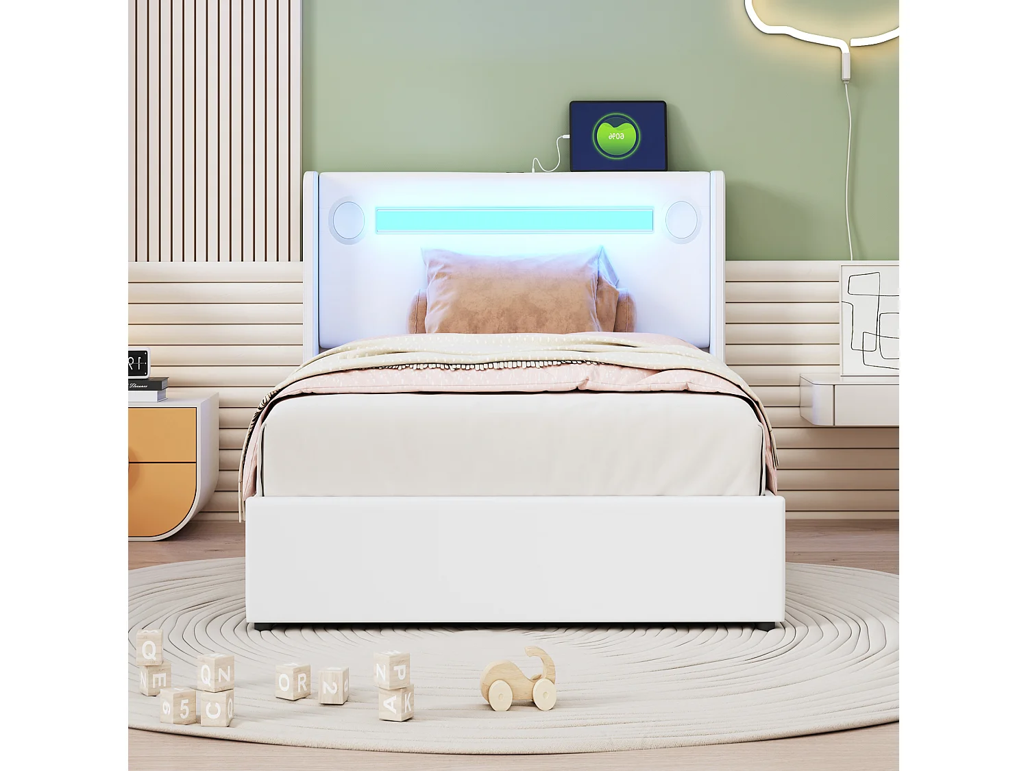 Letto per bambini 90x200 cm, LED, lettore Bluetooth, USB, contenitore in similpelle, rete a doghe, bianco (212,5x96,5x103 cm)
