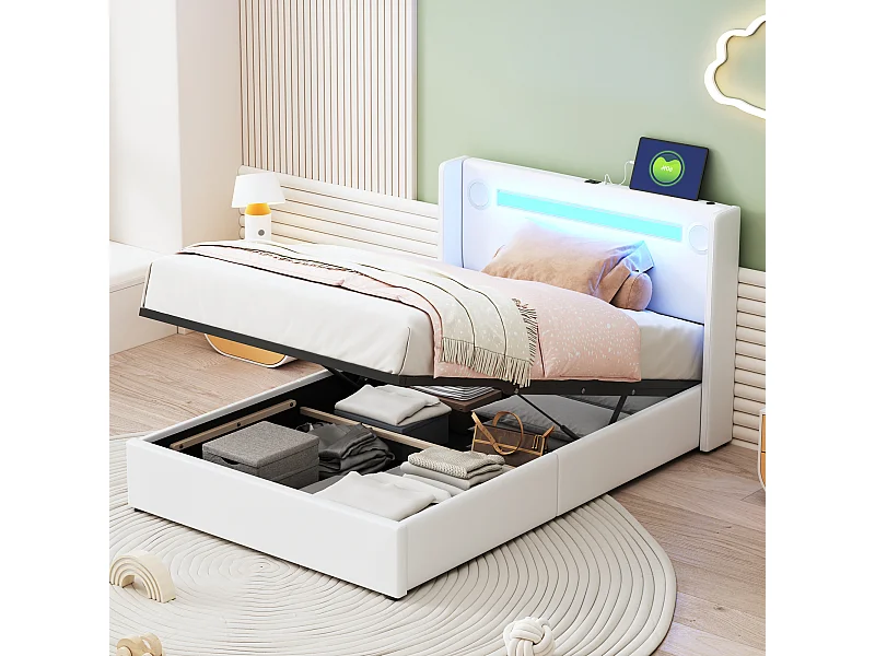 Letto per bambini 90x200 cm, LED, lettore Bluetooth, USB, contenitore in similpelle, rete a doghe, bianco (212,5x96,5x103 cm)