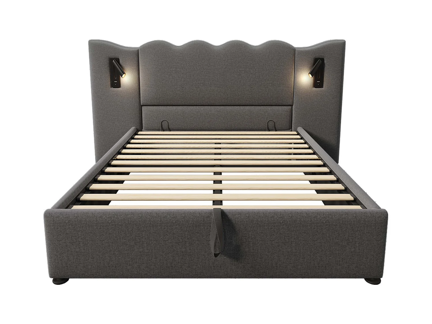 Lit double avec rangement, lampe tactile et ports USB Type-C, cadre en lin gris, bois massif et métal (232x215x111cm)