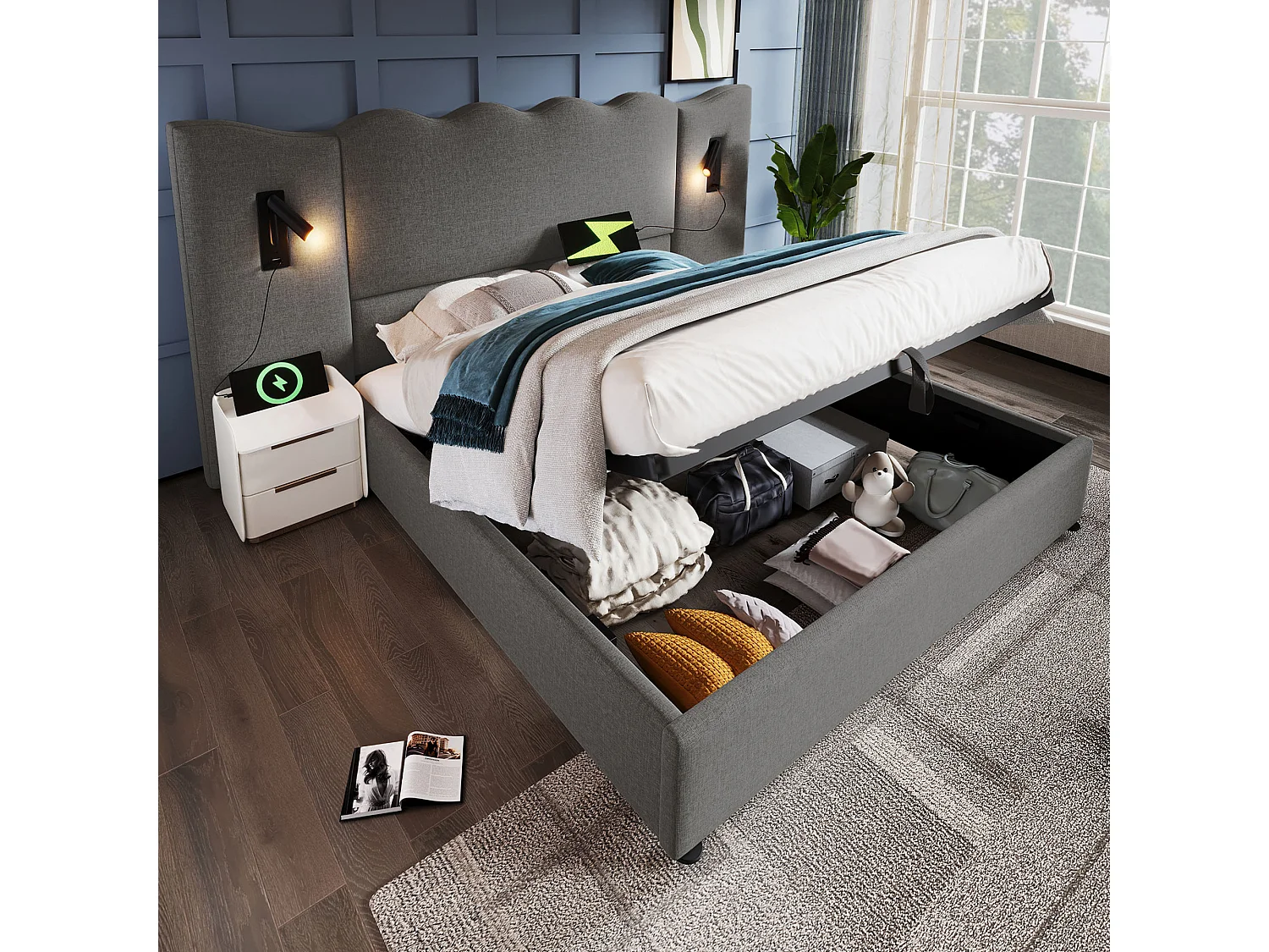 Lit double avec rangement, lampe tactile et ports USB Type-C, cadre en lin gris, bois massif et métal (232x215x111cm)