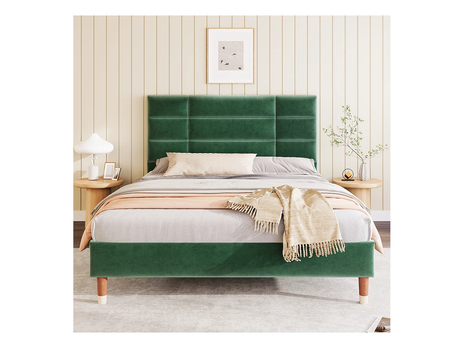 Lit double avec tête de lit rembourrée, structure velours vert foncé, cadre avec lattes, design moderne (209x141x101cm)