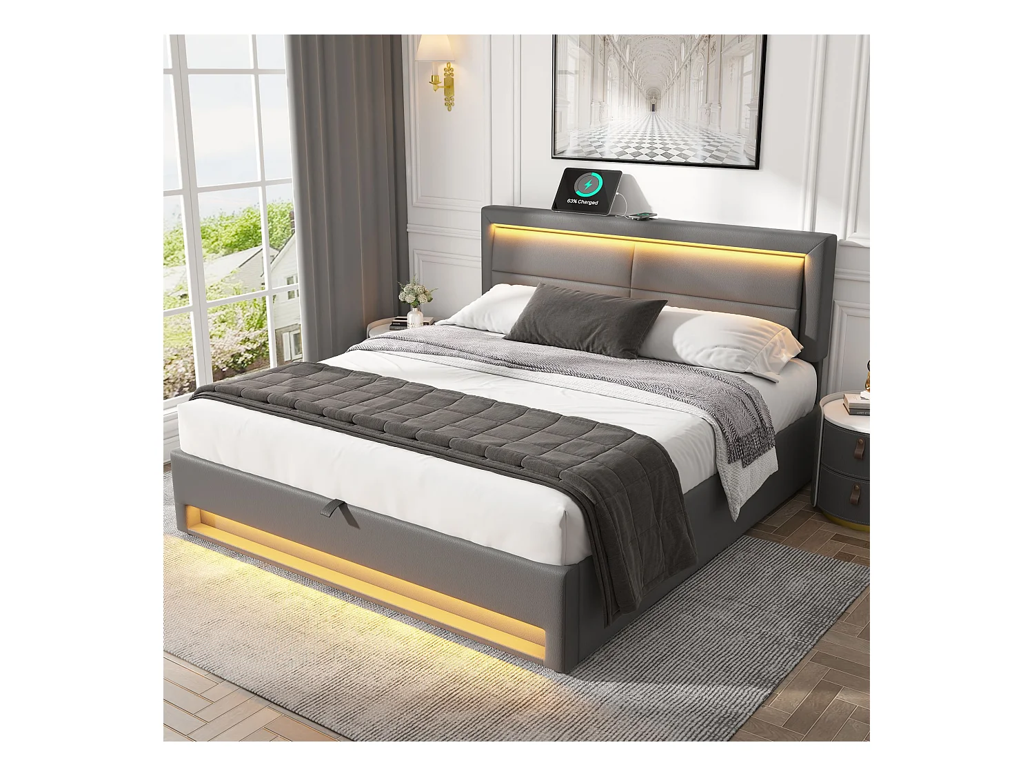Gestoffeerd bed 160 x 200 cm, met USB-aansluiting, LED, opbergruimte, PU, grijs (204x98,5x110 cm)
