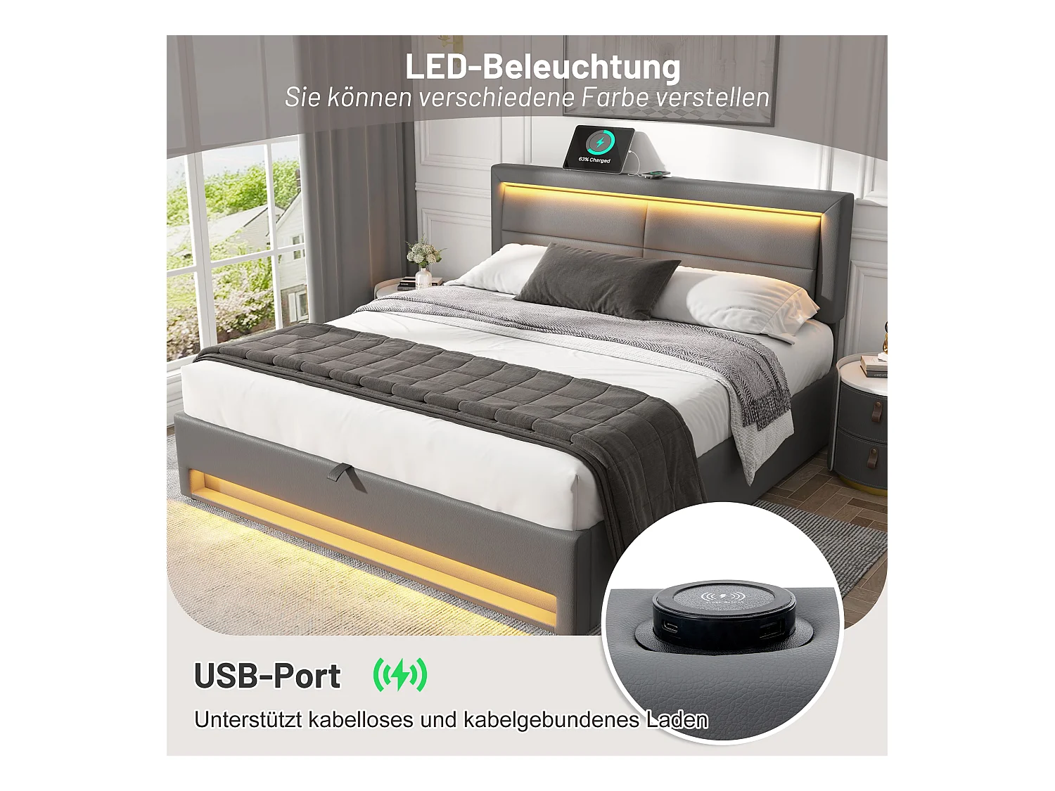 Gestoffeerd bed 160 x 200 cm, met USB-aansluiting, LED, opbergruimte, PU, grijs (204x98,5x110 cm)