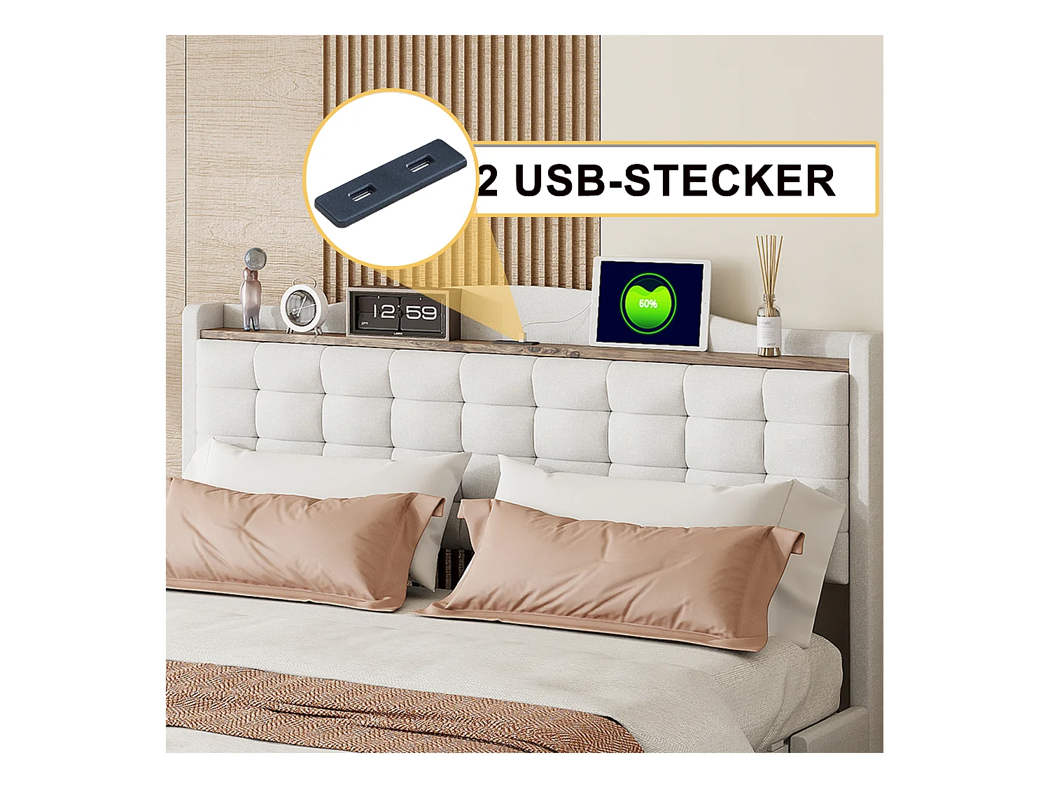 Lit tapissier 160 x 200 cm avec 4 tiroirs de rangement, tête de lit avec port USB, tissu en lin beige (200 x 166 x 110 cm)