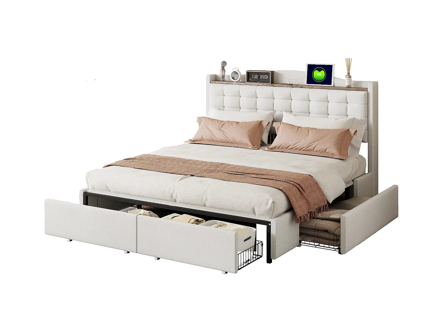 Lit tapissier 160 x 200 cm avec 4 tiroirs de rangement, tête de lit avec port USB, tissu en lin beige (200 x 166 x 110 cm)