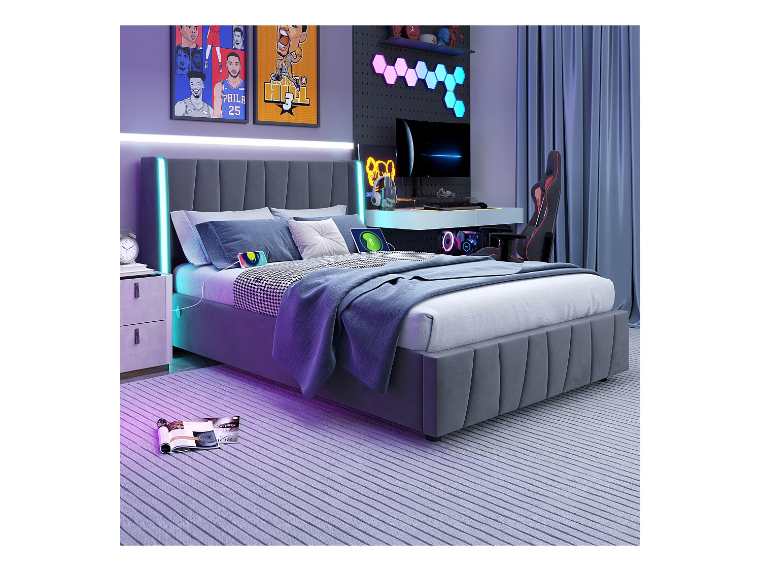 Lit 160 x 200 cm, Design Moderne, Tête de Lit en Velours, USB, Rangement Intégré, 4 Tiroirs Sous le Lit, Gris (216 x 150 x 116 cm)