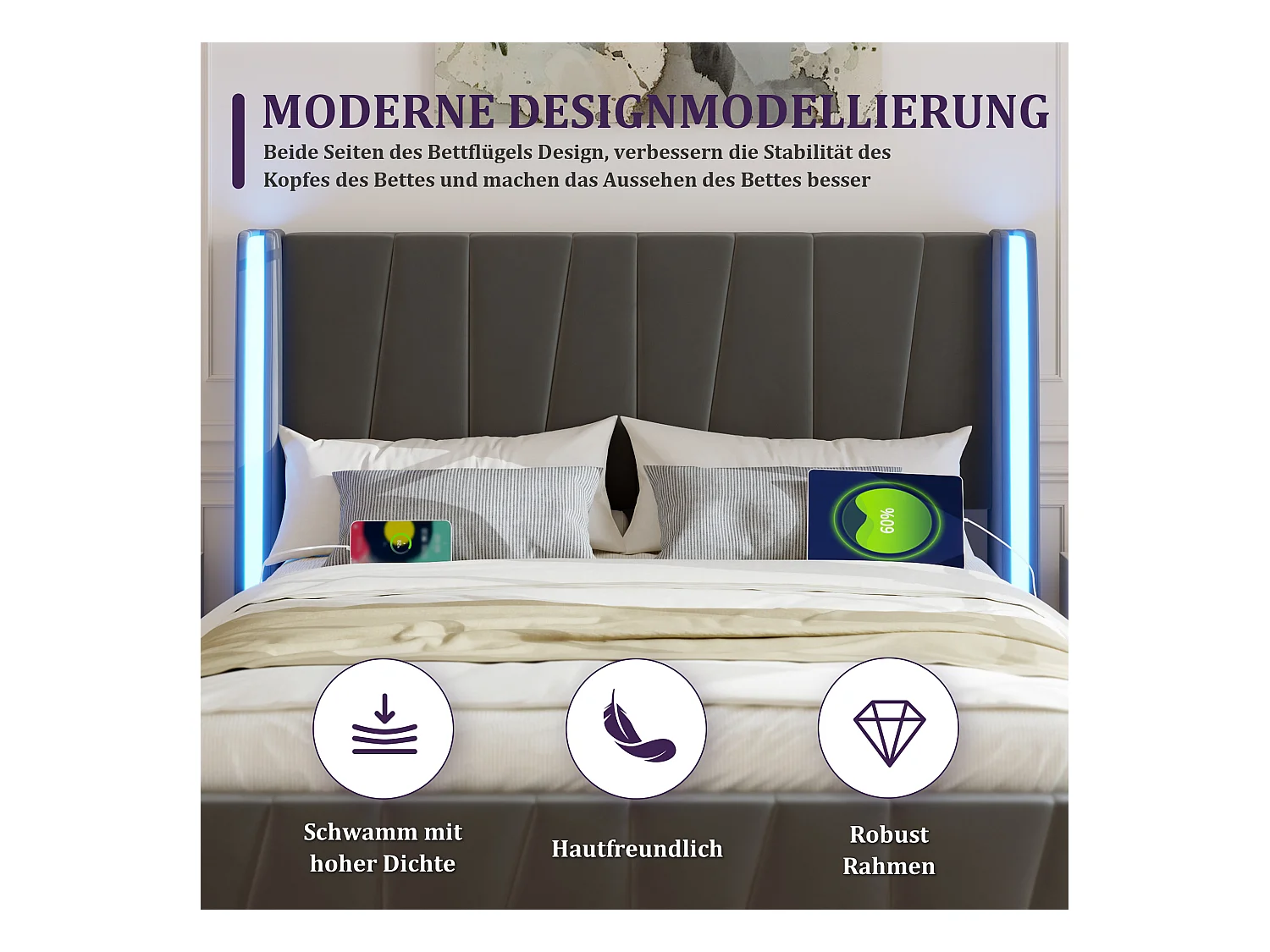 Lit 160 x 200 cm, Design Moderne, Tête de Lit en Velours, USB, Rangement Intégré, 4 Tiroirs Sous le Lit, Gris (216 x 150 x 116 cm)