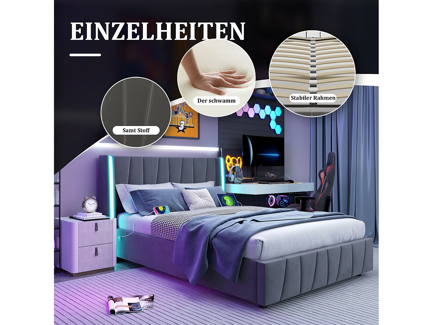 Lit 160 x 200 cm, Design Moderne, Tête de Lit en Velours, USB, Rangement Intégré, 4 Tiroirs Sous le Lit, Gris (216 x 150 x 116 cm)