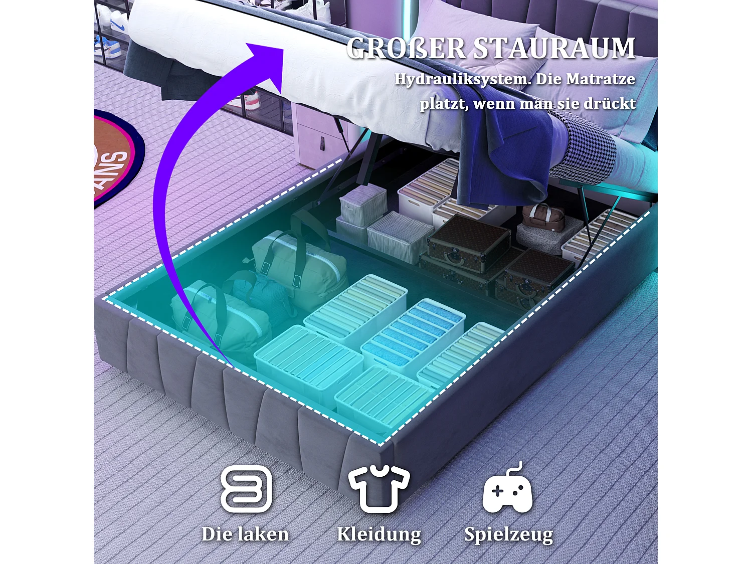 Lit 160 x 200 cm, Design Moderne, Tête de Lit en Velours, USB, Rangement Intégré, 4 Tiroirs Sous le Lit, Gris (216 x 150 x 116 cm)