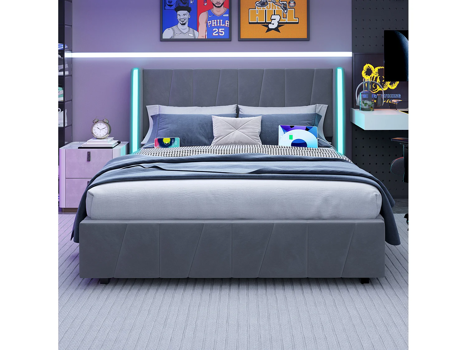 Lit 160 x 200 cm, Design Moderne, Tête de Lit en Velours, USB, Rangement Intégré, 4 Tiroirs Sous le Lit, Gris (216 x 150 x 116 cm)