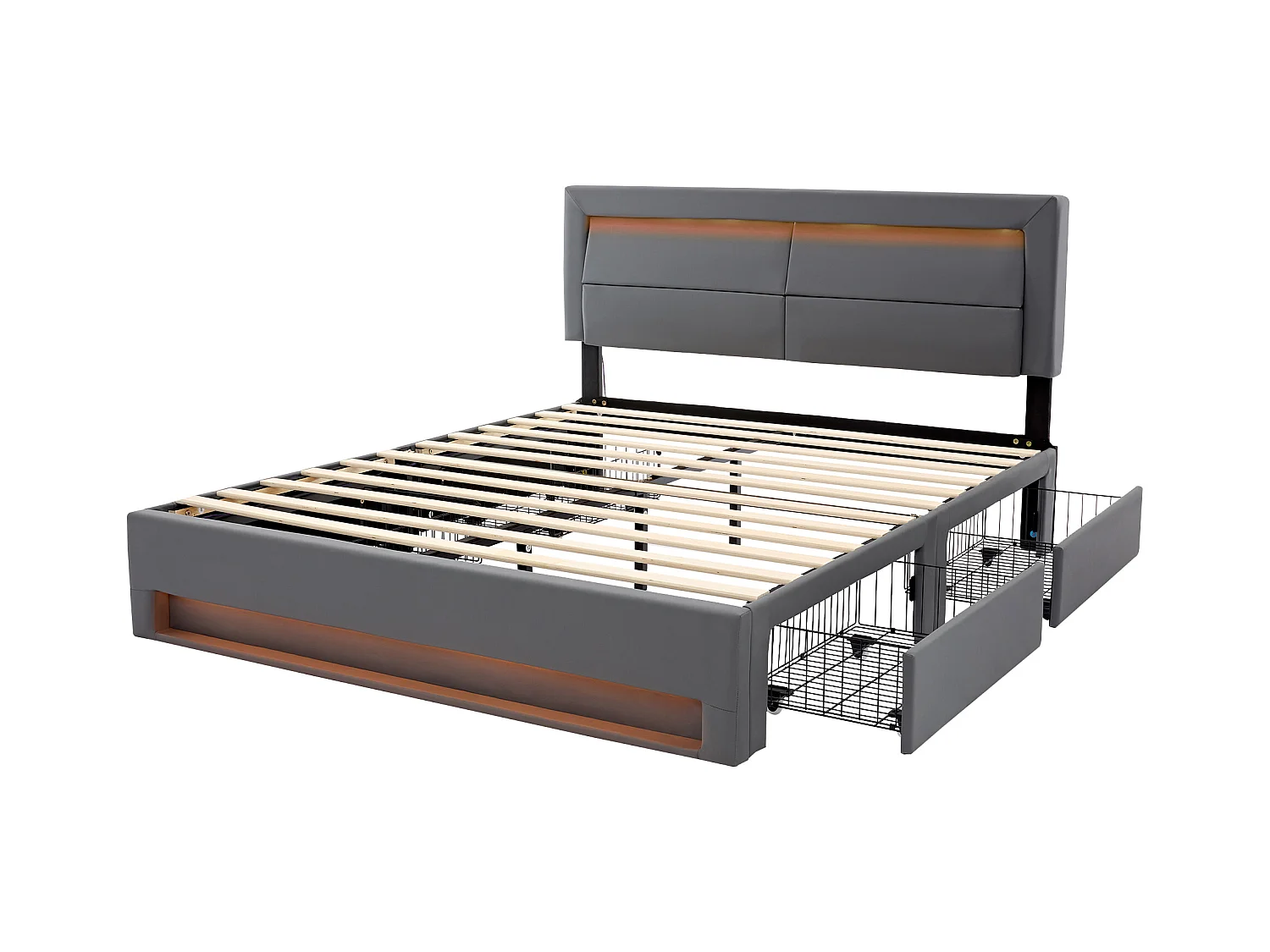 Letto imbottito 140 x 190 cm con porta USB, LED e 4 cassetti portaoggetti, PU litchi, grigio (140 x 190 cm)