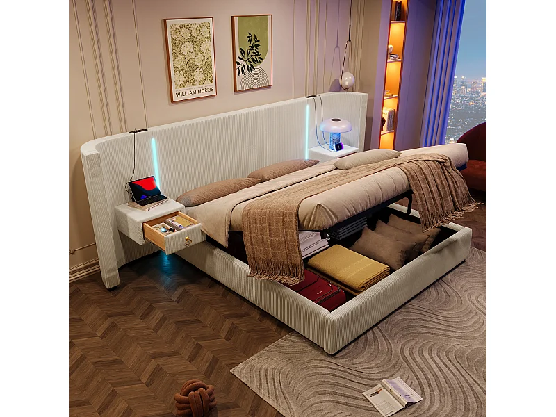 Lit avec rangement hydraulique, 180x200 cm, avec LED, 2 tiroirs, USB et Type-C, Velours, Beige (206.5x295x110 cm)