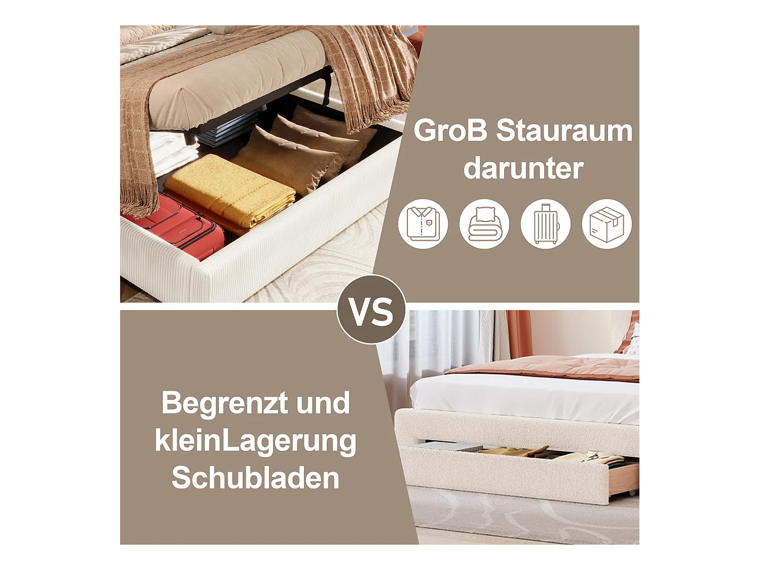 Lit avec rangement hydraulique, 180x200 cm, avec LED, 2 tiroirs, USB et Type-C, Velours, Beige (206.5x295x110 cm)