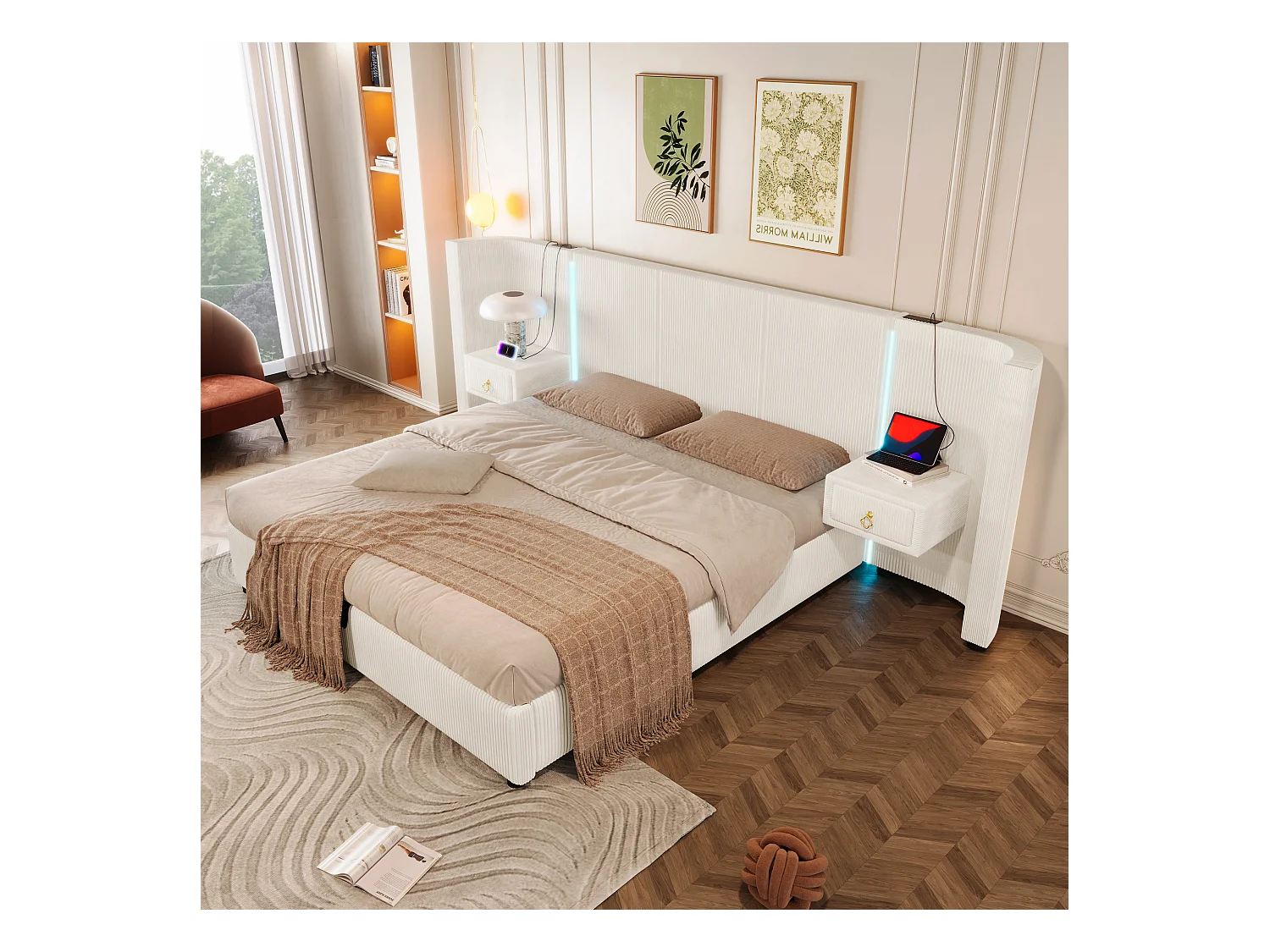 Lit avec rangement hydraulique, 180x200 cm, avec LED, 2 tiroirs, USB et Type-C, Velours, Beige (206.5x295x110 cm)