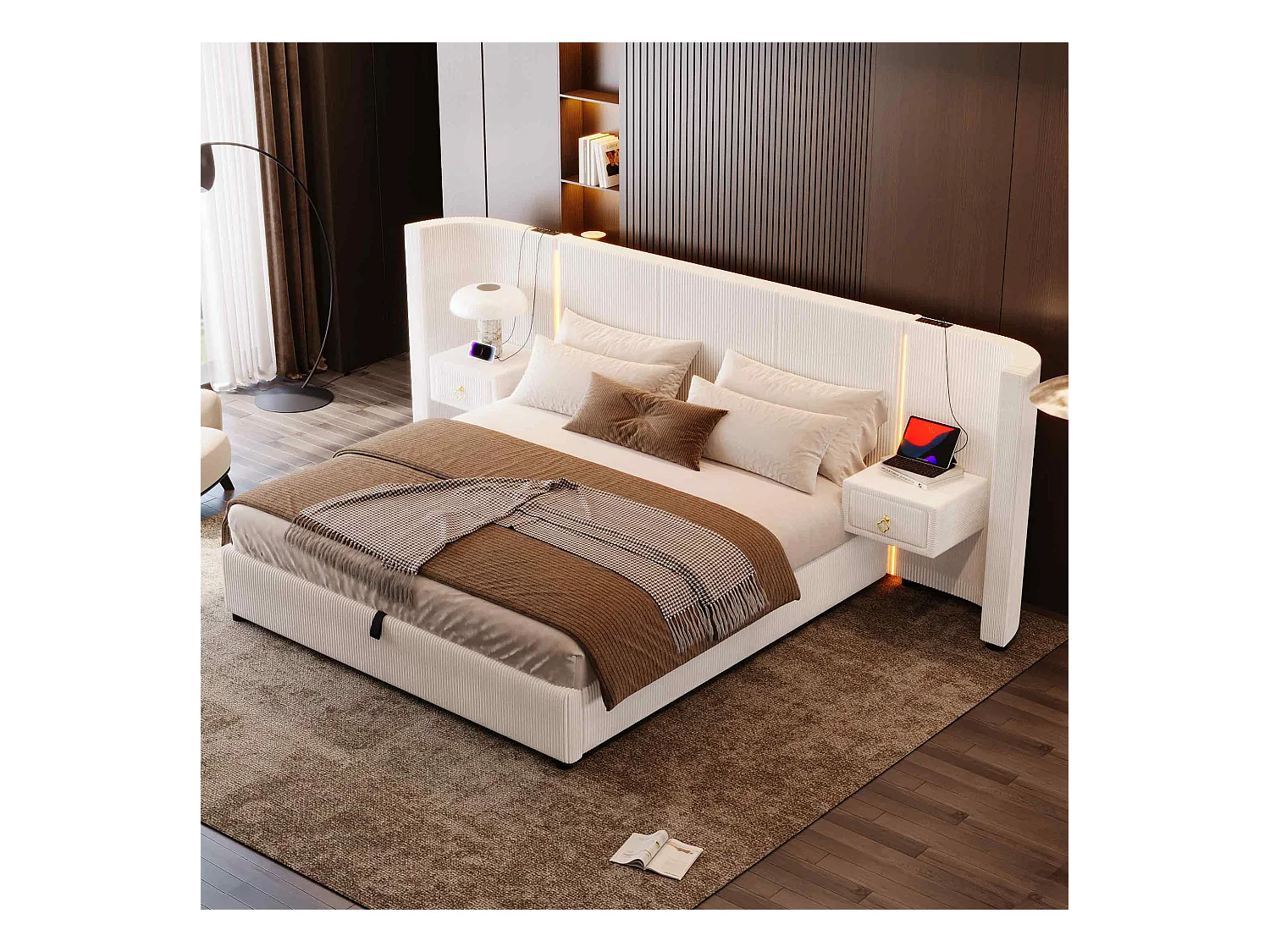 Lit avec rangement hydraulique, 180x200 cm, avec LED, 2 tiroirs, USB et Type-C, Velours, Beige (206.5x295x110 cm)