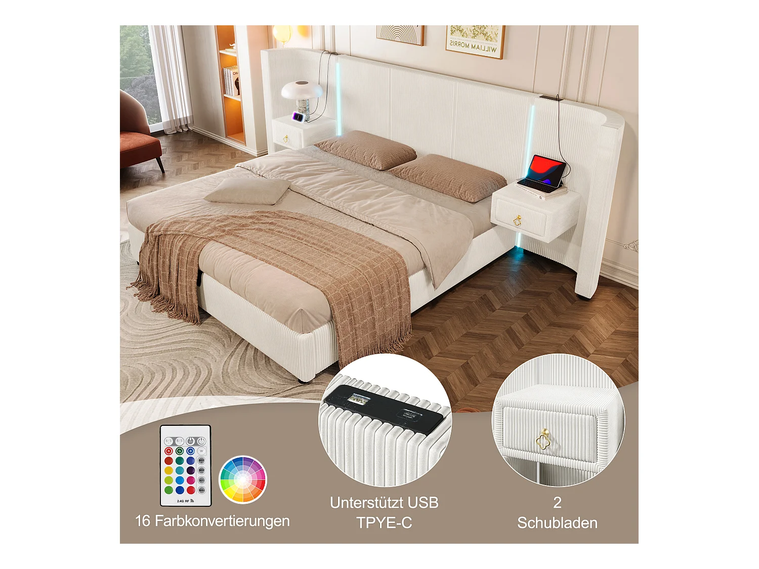 Lit avec rangement hydraulique, 180x200 cm, avec LED, 2 tiroirs, USB et Type-C, Velours, Beige (206.5x295x110 cm)