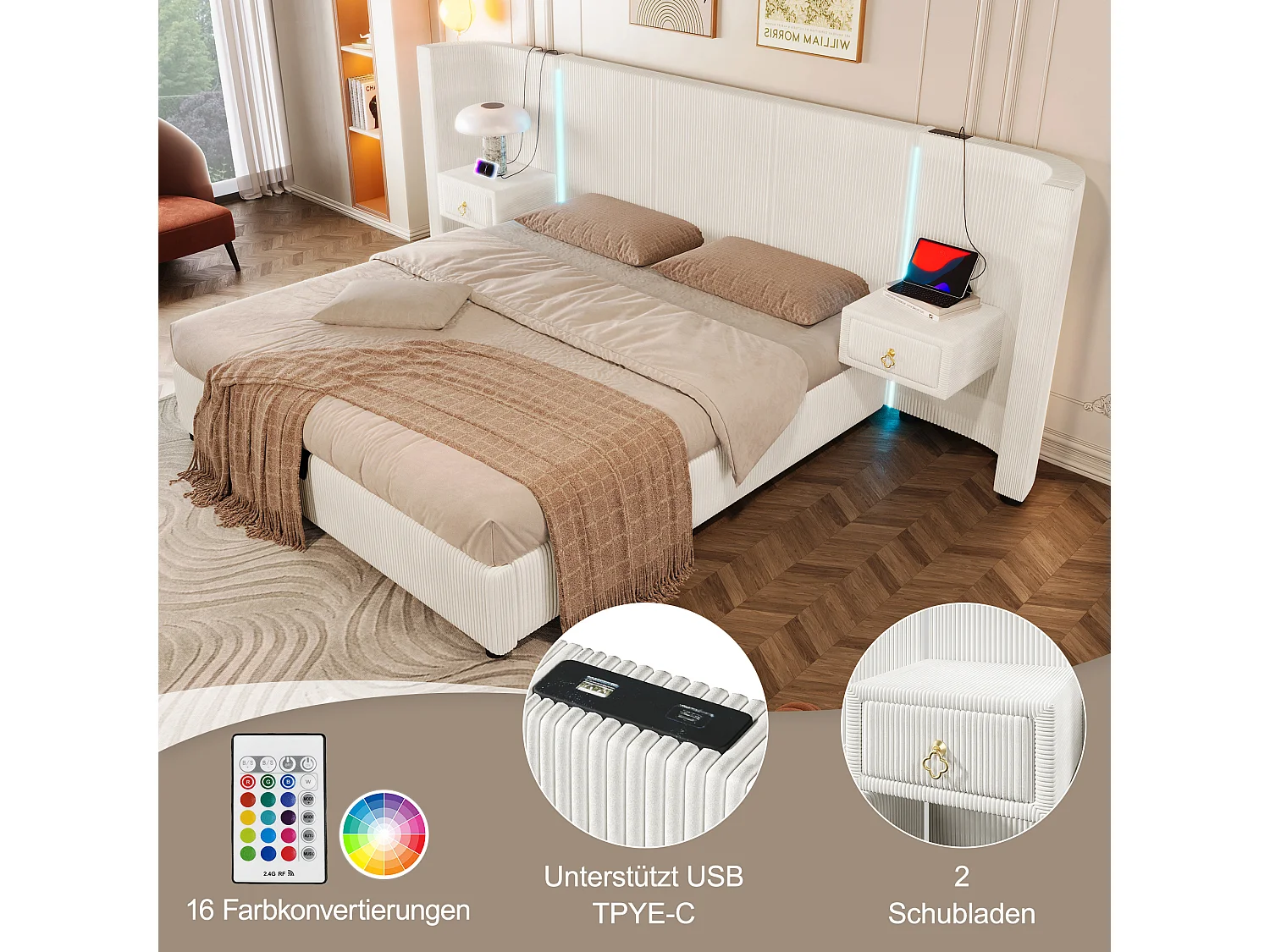 Lit avec rangement hydraulique, 180x200 cm, avec LED, 2 tiroirs, USB et Type-C, Velours, Beige (206.5x295x110 cm)