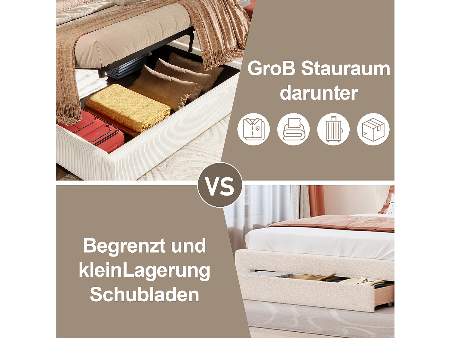 Lit avec rangement hydraulique, 180x200 cm, avec LED, 2 tiroirs, USB et Type-C, Velours, Beige (206.5x295x110 cm)