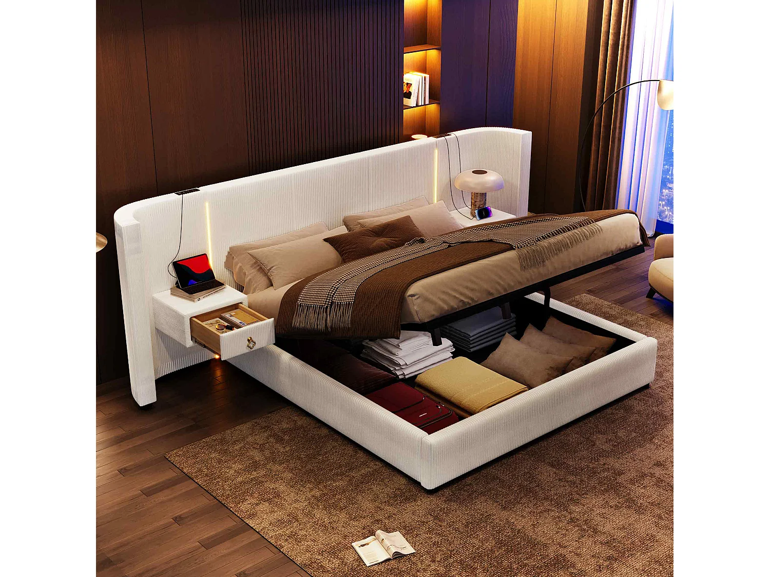 Lit avec rangement hydraulique, 180x200 cm, avec LED, 2 tiroirs, USB et Type-C, Velours, Beige (206.5x295x110 cm)