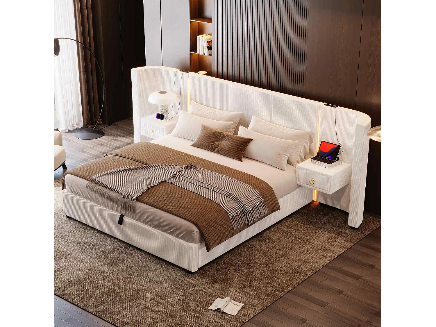 Lit avec rangement hydraulique, 180x200 cm, avec LED, 2 tiroirs, USB et Type-C, Velours, Beige (206.5x295x110 cm)