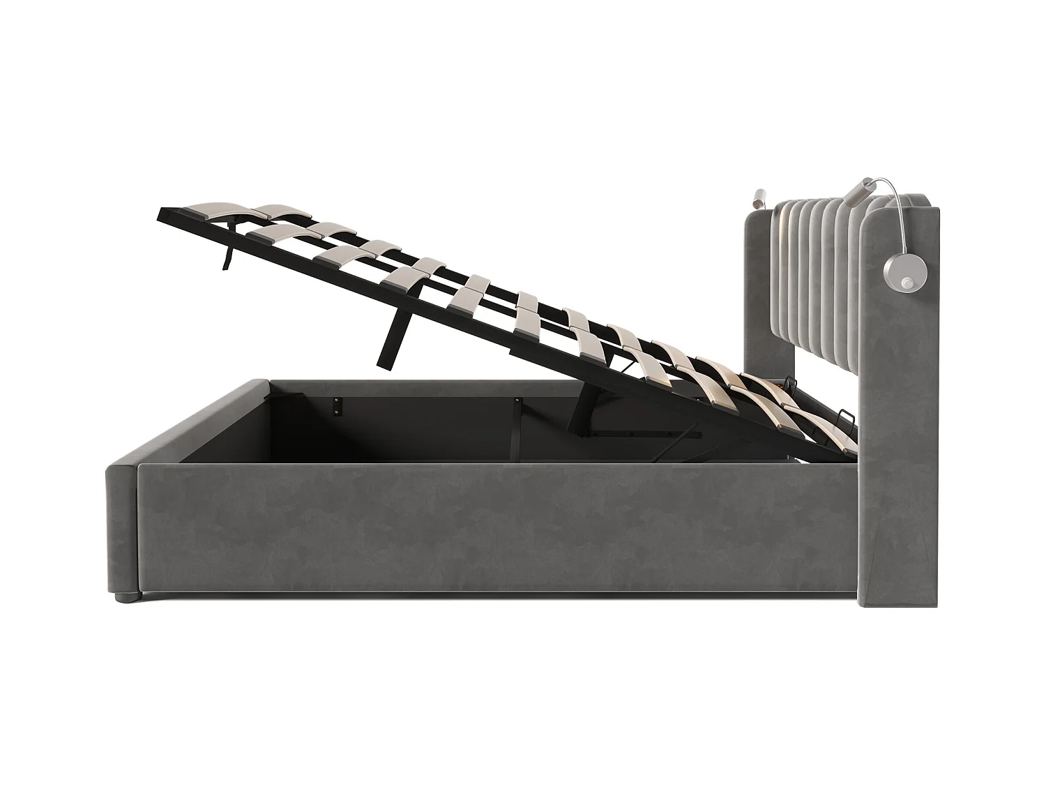 Lit double avec liseuse et fonction chargeur USB, cadre avec rangement en velours gris (165x206x103cm)