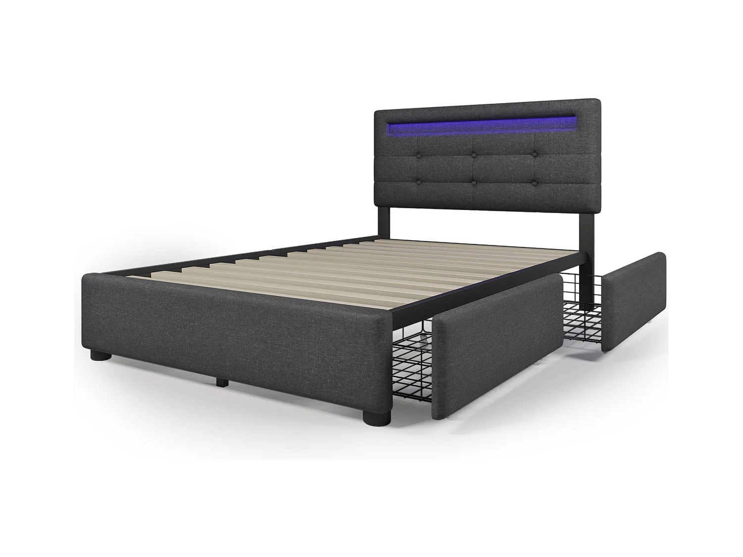 Eenpersoonsbed met LED, 2 lades, inclusief matras, houten onderstel, verstelbaar hoofdeinde, grijze linnen bekleding (100,5x208x93,5-103 cm)