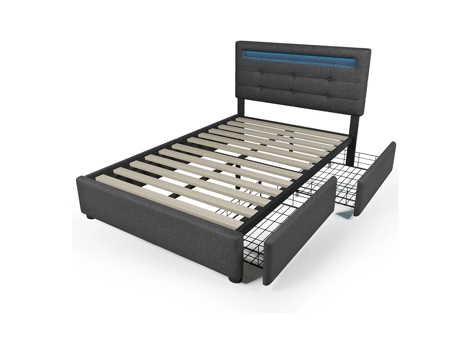 Eenpersoonsbed met LED, 2 lades, inclusief matras, houten onderstel, verstelbaar hoofdeinde, grijze linnen bekleding (100,5x208x93,5-103 cm)