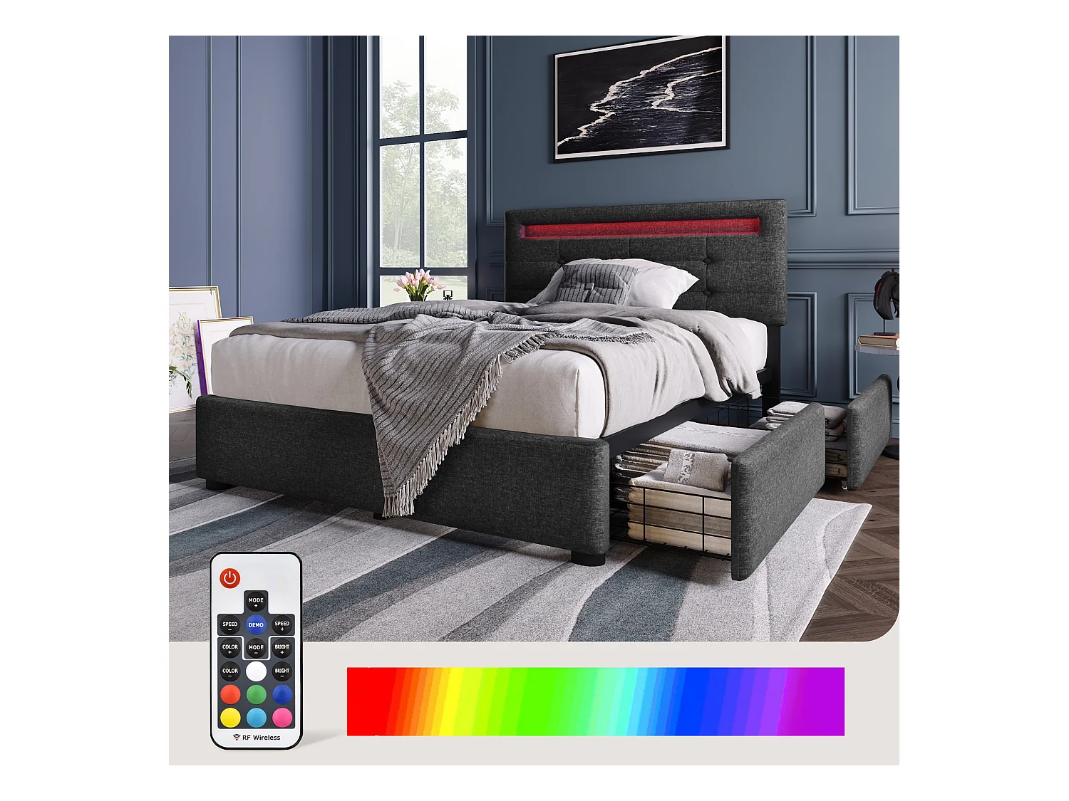 Eenpersoonsbed met LED, 2 lades, inclusief matras, houten onderstel, verstelbaar hoofdeinde, grijze linnen bekleding (100,5x208x93,5-103 cm)