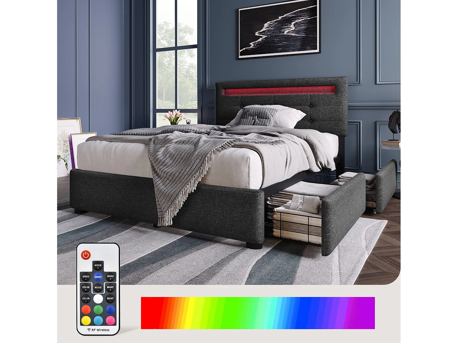 Lit simple avec LED, 2 tiroirs, matelas inclus, sommier bois, tête de lit réglable, revêtement lin gris (100.5x208x93.5-103 cm)