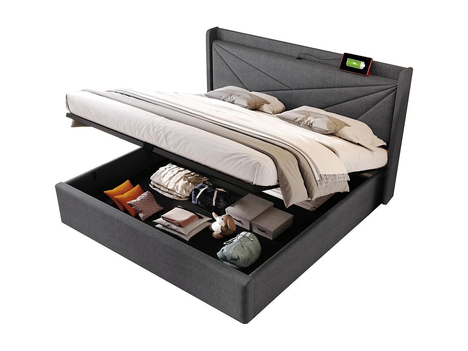 Lit double avec coffre de rangement, fonction charge USB Type-C, lin gris (186x208x107 cm)