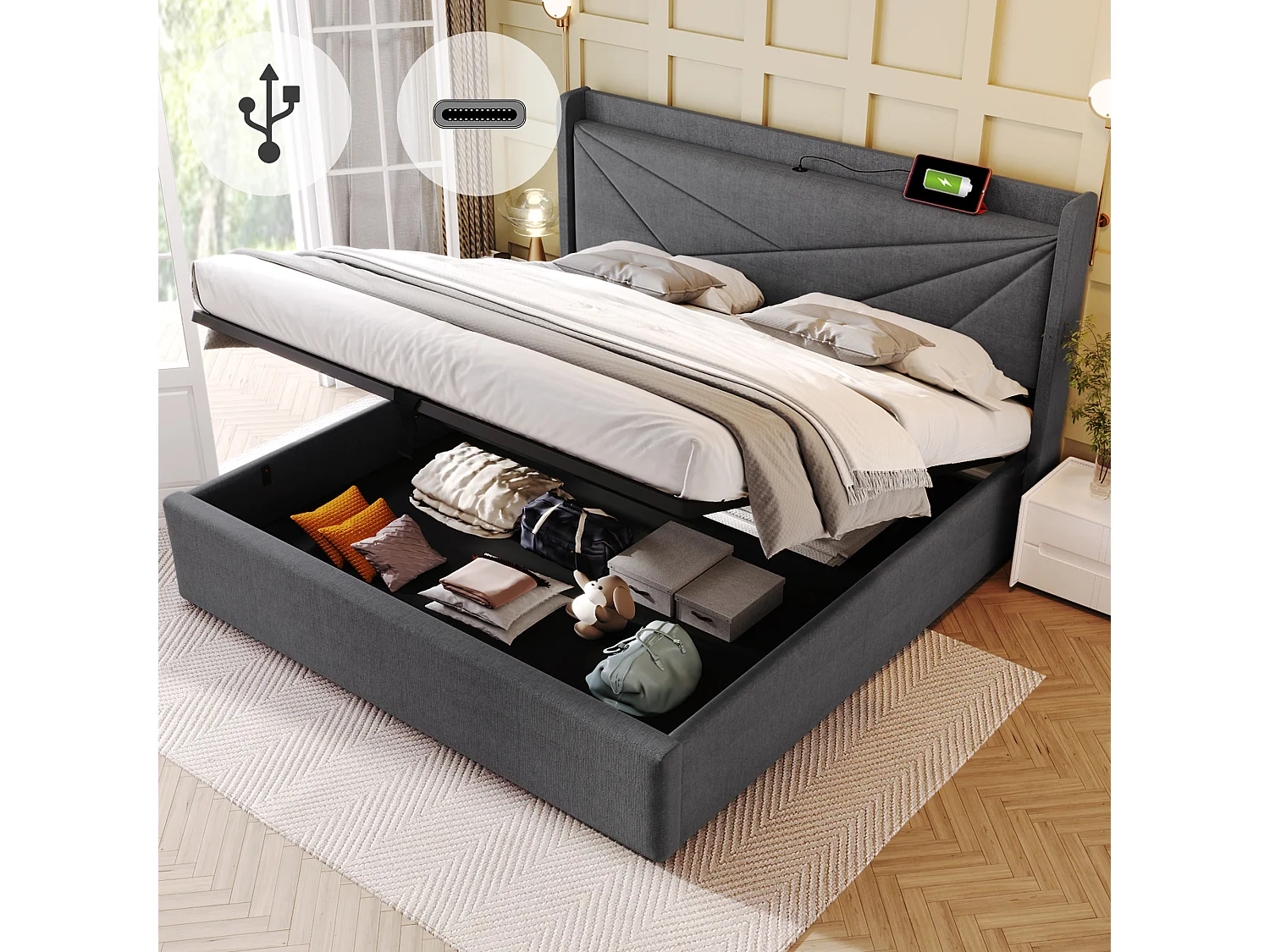 Lit double avec coffre de rangement, fonction charge USB Type-C, lin gris (186x208x107 cm)