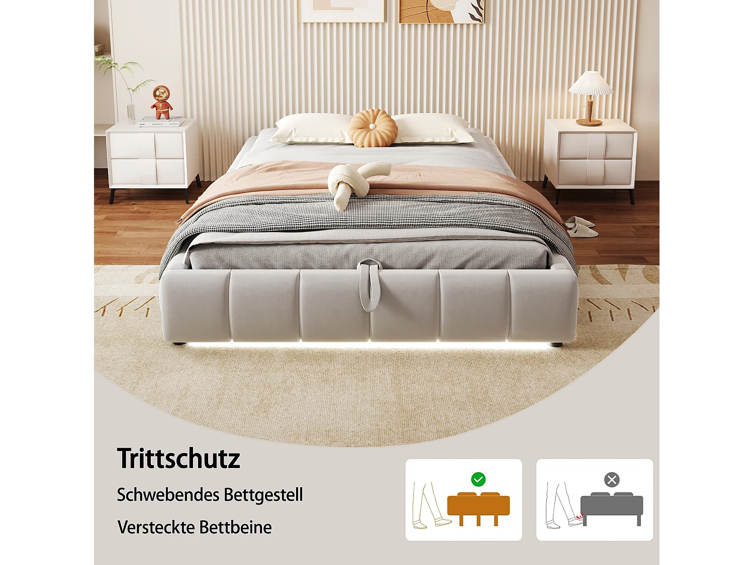 Letto con contenitore idraulico 140x200 cm, senza testiera, con LED integrato, rete flottante, beige (214,5x155x29,5 cm)