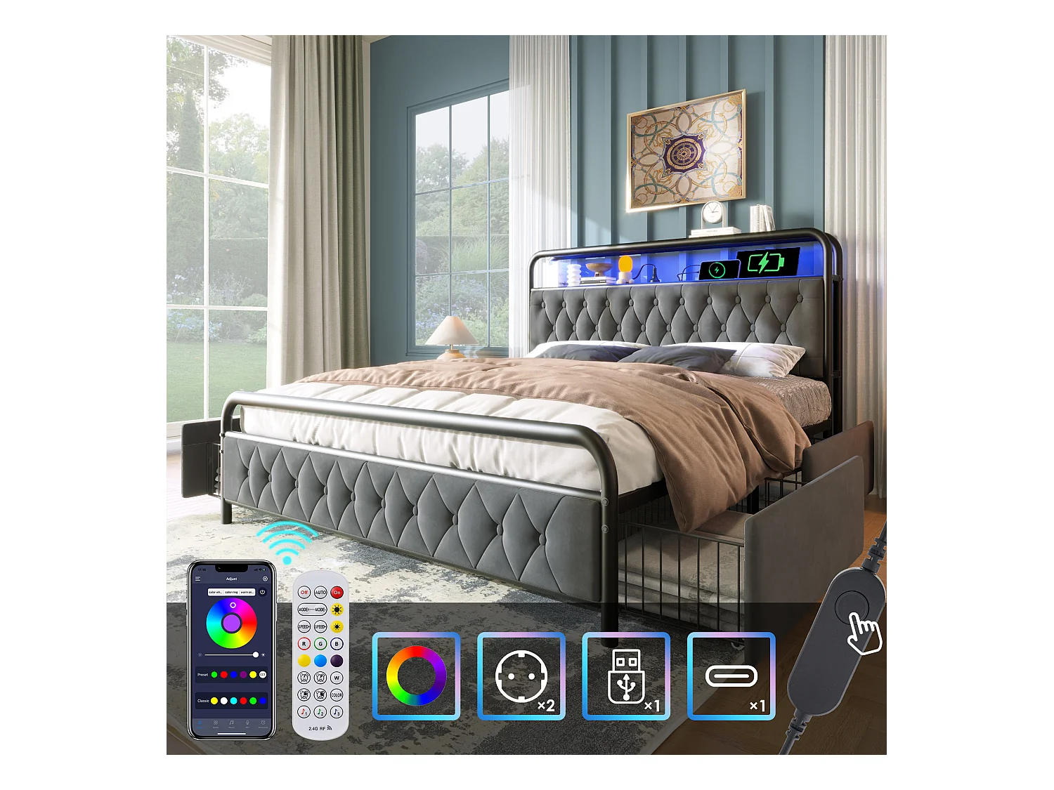 Lit double 160×200 cm, avec LED et ports USB Type-C, cadre en métal et 4 tiroirs, en velours beige (sans matelas)