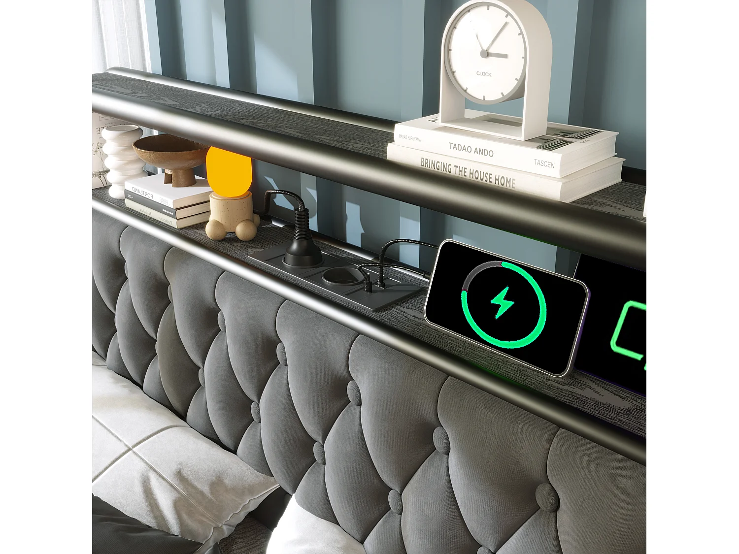 Lit double 160×200 cm, avec LED et ports USB Type-C, cadre en métal et 4 tiroirs, en velours beige (sans matelas)