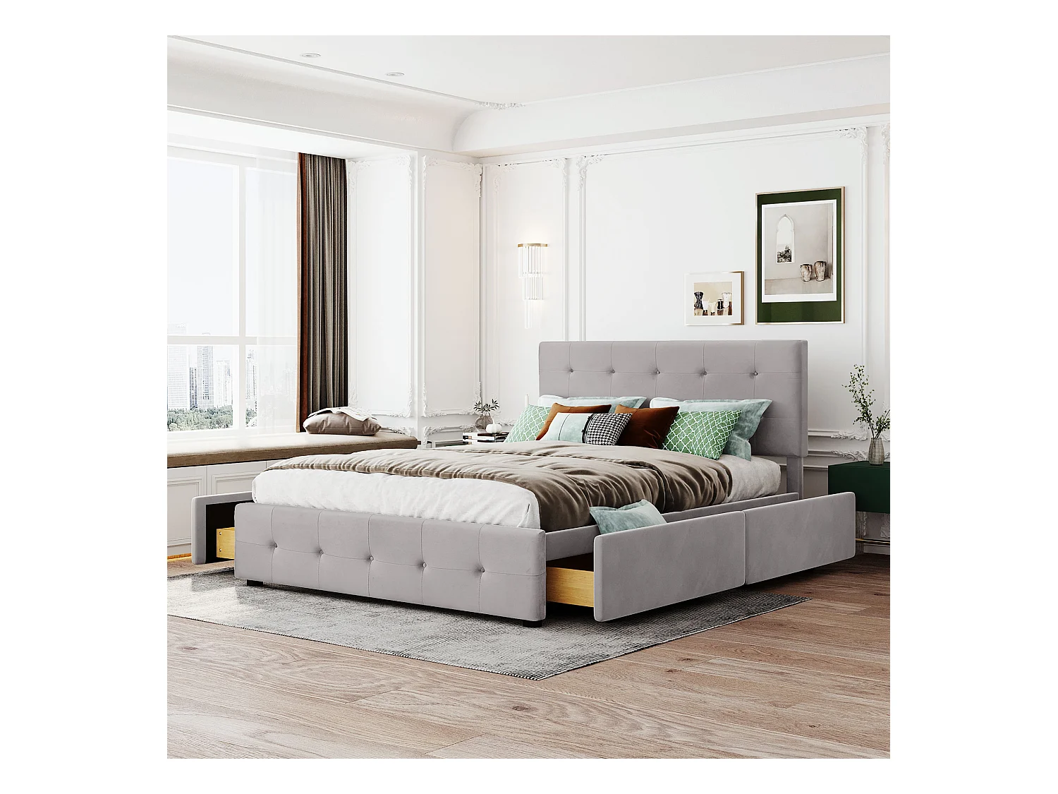 Letto 140x200 cm con LED, 4 cassetti, tessuto di lino morbido, letto piano per adulti e ragazzi, grigio (215x149x106 cm)