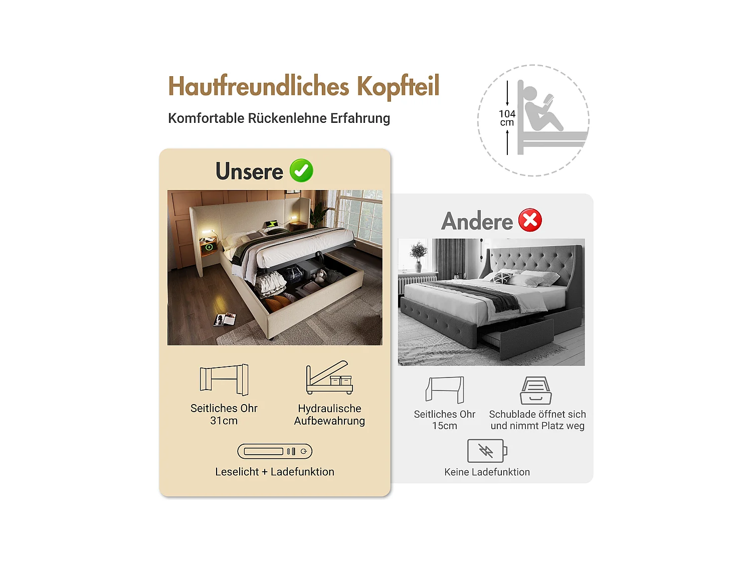 Lit double avec coffre hydraulique, tête de lit multifonction, lin beige, cadre bois massif et métal, avec lampe et ports USB (232x213x104cm)