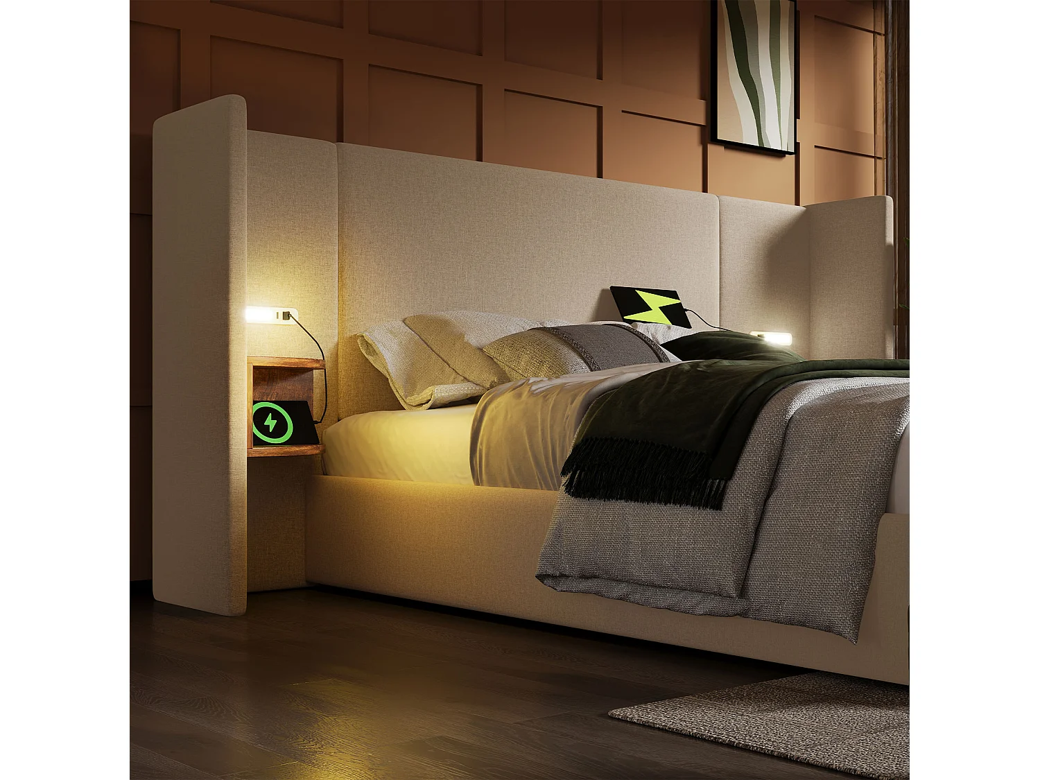 Lit double avec coffre hydraulique, tête de lit multifonction, lin beige, cadre bois massif et métal, avec lampe et ports USB (232x213x104cm)