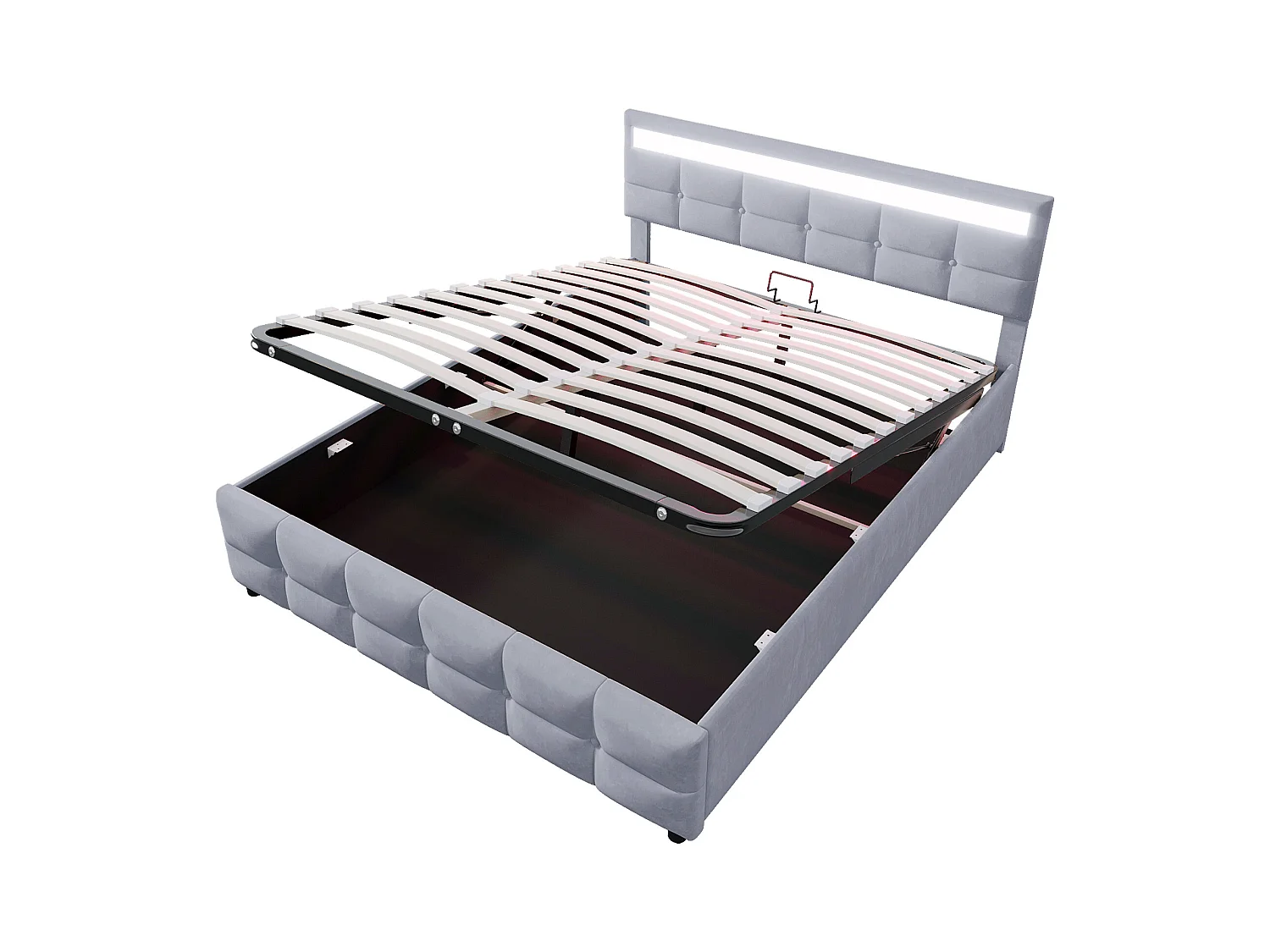 Letto 180 x 200 cm con LED, rete a doghe, idraulica, tessuto velluto grigio (203 x 183,5 x 97,5 cm)