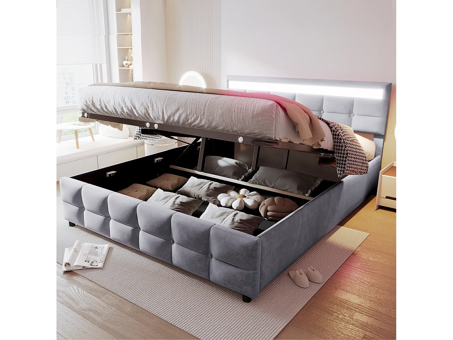 Lit 180 x 200 cm avec LED, lattenrost, hydraulique, tissu velours gris (203 x 183.5 x 97.5 cm)