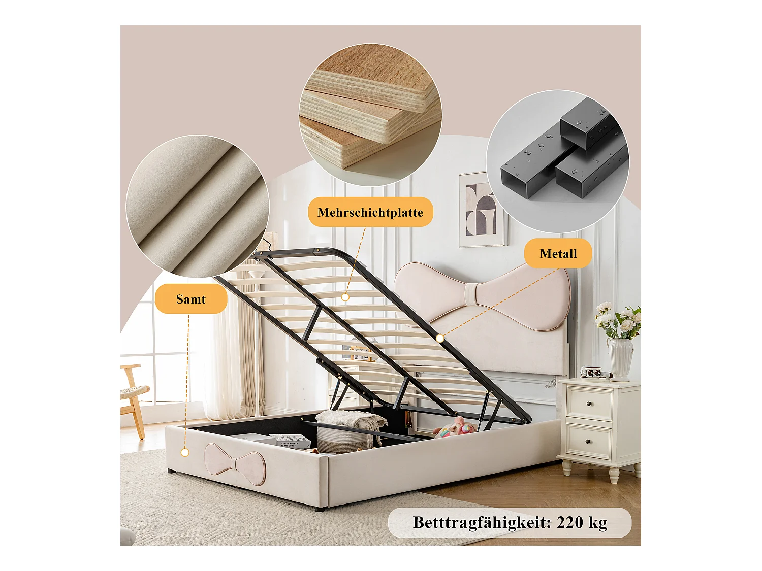 Hydraulisch bed met verstelbaar hoofdeinde, fluwelen stof, beige en roze, 140x200 cm