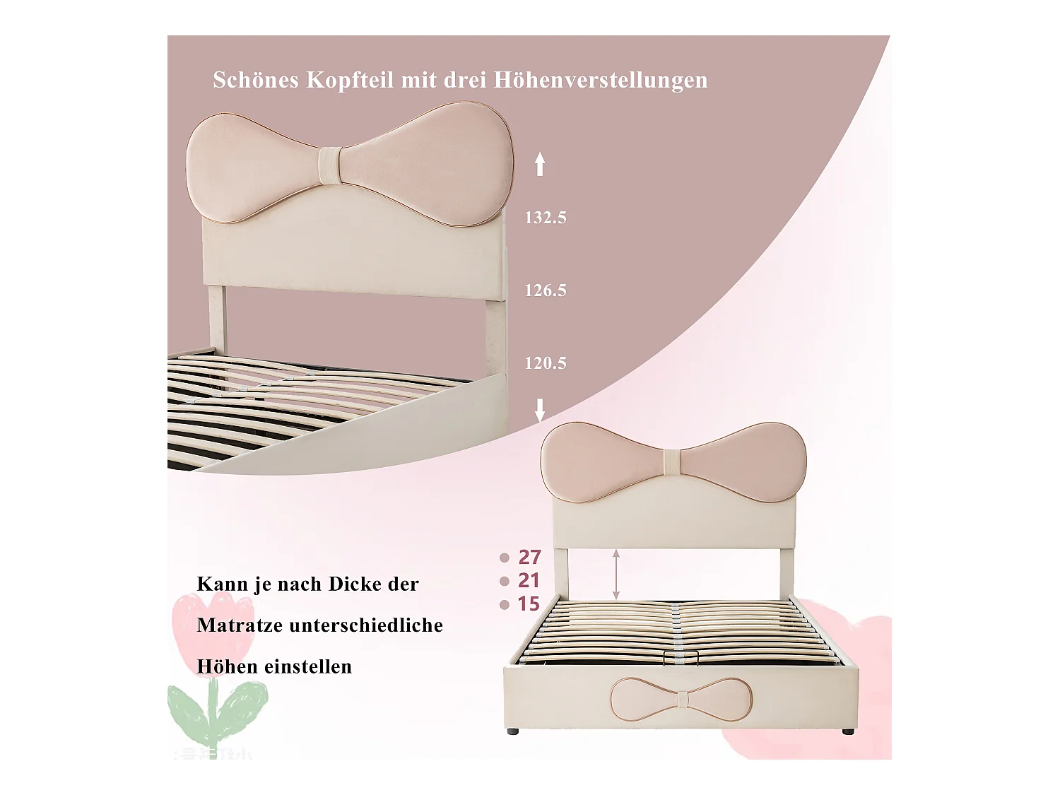 Hydraulisch bed met verstelbaar hoofdeinde, fluwelen stof, beige en roze, 140x200 cm