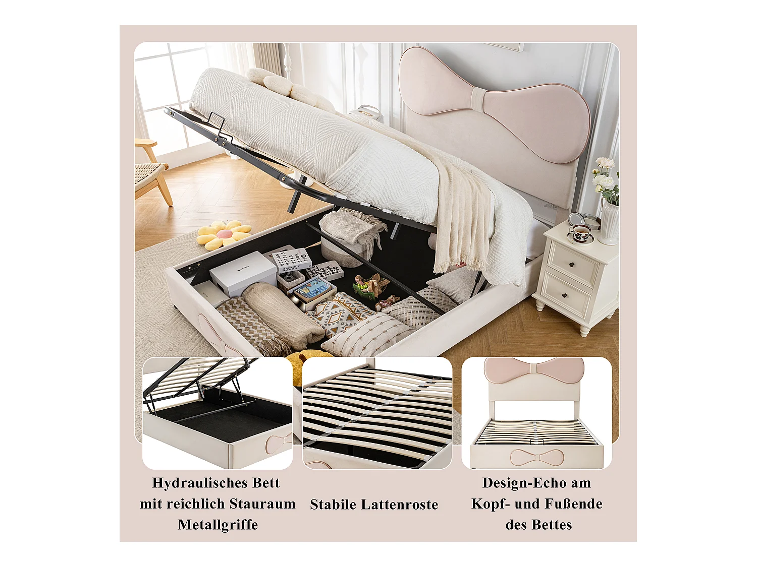 Hydraulisch bed met verstelbaar hoofdeinde, fluwelen stof, beige en roze, 140x200 cm